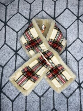 J Crew Cream Plaid Shearling Wool Fur Trim Scarf